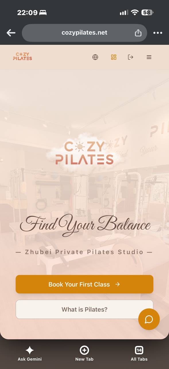 Accueil Cozy Pilates sur téléphone